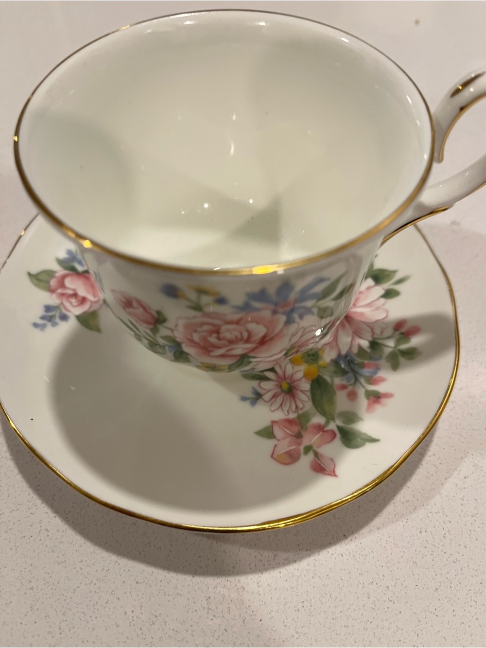 Classic Floral Porcelain Teacup and Saucer - Pink Floral with Gold Trim